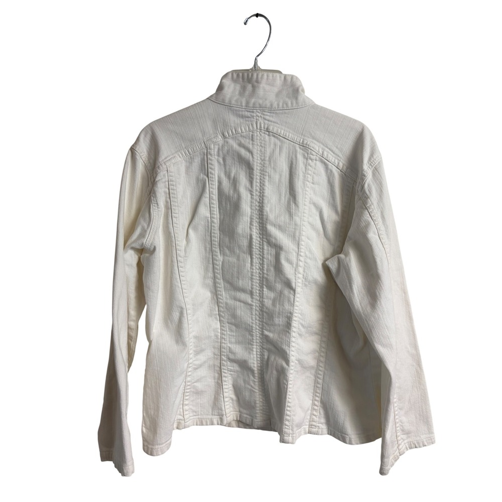 Chicos Platinum Womens White Denim Jacket Snap Front Size 2 Large Preppy - Picture 2 of 10